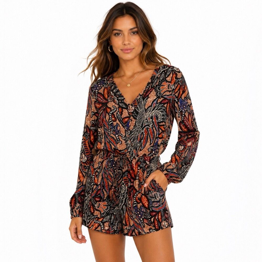 H&M Audrey Romper Long Sleeve V-Neck Multicolor Women's Sz 10 Aztec Animal Chic